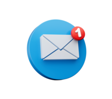 een blauw cirkel met een wit envelop en de brief 1 Aan het. mail icoon. 3d illustratie png