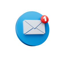 A blue circle with a white envelope and the letter 1 on it. Mail icon. 3d illustration png