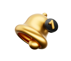 3D Bell Notification icon. One reminder notification Gold. 3D illustration png