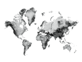 3d mundo mapa Preto e branco sombreado alívio hipsométrico mapa, 3d ilustração png