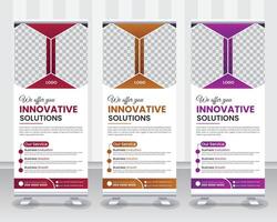 Modern Corporate Roll Up Banner Design Stand Template in multiple eye catching color Red, Blue and Orange for Business corporation or agency with presentation Pro design vector