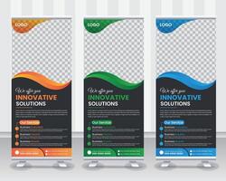 Modern Corporate Roll Up Banner Design Stand Template in multiple eye catching color Red, Blue and Orange for Business corporation or agency with presentation Pro design vector