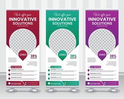 Modern Corporate Roll Up Banner Design Stand Template in multiple eye catching color Red, Blue and Orange for Business corporation or agency with presentation Pro design vector