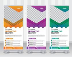 Modern Corporate Roll Up Banner Design Stand Template in multiple eye catching color Red, Blue and Orange for Business corporation or agency with presentation Pro design vector