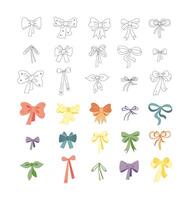 Large set of 30 different doodle bows for hair. Color, black and white illustration. vector