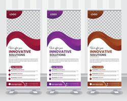Modern Corporate Roll Up Banner Design Stand Template in multiple eye catching color Red, Blue and Orange for Business corporation or agency with presentation Pro design vector