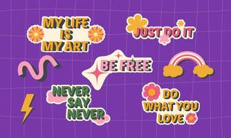 Set of motivational inscriptions in 90s style. Set of bright trendy 00s elements vector