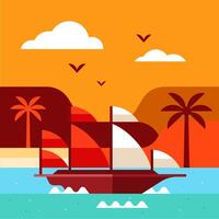 Phinisi sailing tropical island with palm trees illustration vector