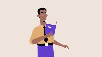 2D character holding and reading book on alpha. video