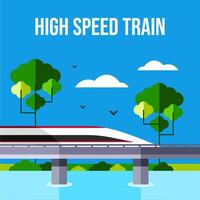 High speed train railway construction landscape with trees and lake illustration vector