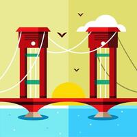 Old architecture red bridge with river scenery illustration vector