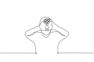 man crossed his palms and looks through the small space between them - one line drawing . concept be able to focus, be focused, attentive to details vector