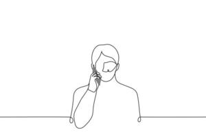 man standing with a phone to his ear - one line drawing . telephone conversation concept, phone call vector