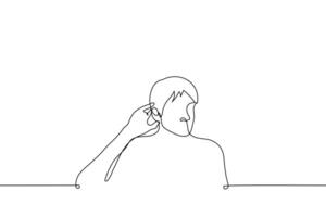 hombre en pie con palma a oído - uno línea dibujo . concepto escucha para ruido o pobre escuchando vector
