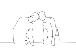 men standing resting their foreheads against each other - one line art . concept homosexual couple or male friends in confrontation or conflict, hardheaded or stubborn people vector
