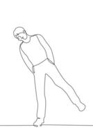 man stands on one leg leaning to the side with his hands in his pockets - one line drawing . concept of balancing on one leg, bending over informally to look at something vector