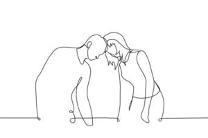 man and woman standing resting their foreheads against each other - one line art . concept heterosexual couple in confrontation or conflict, hardheaded or stubborn people vector