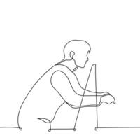 man leaning on the railing looks into the distance - one line drawing . concept view from the balcony, admire the scenery, contemplation vector