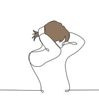 man collects his hair on the back of his head in a ponytail - one line art . concept long-haired man doing his hair vector