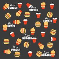Fast food pattern include burger, coke, potato wedges perfect for backgrounds, packaging, textiles, Food and Beverage Designs vector