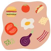 comida modelo incluir hamburguesa, cebolla, pimenton rebanado, tomate, huevo, tocino, tacos, queso Perfecto para antecedentes, embalaje, textiles, comida y bebida diseños vector