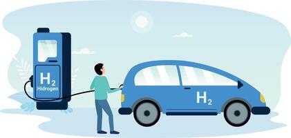 Man Refueling Hydrogen Fuel Cell Car at Station vector