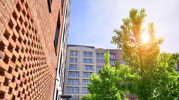 moderno residencial edificio con nuevo apartamentos en un verde residencial área. eco arquitectura. verde árbol y nuevo Departamento edificio. el armonía de naturaleza y modernidad. foto