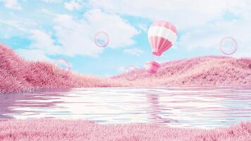 Outdoor grass and water surface products display background, 3d rendering. video