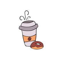 garabatear ilustración de un café taza con café y un rosquilla en un blanco antecedentes. vector