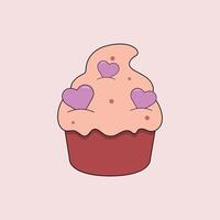 illustration of a cute cupcake decorated with icing and hearts. vector