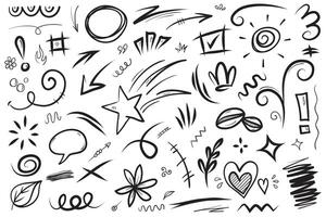 Hand drawn set elements, Abstract arrows, ribbons, hearts, stars, crowns and other elements in a hand drawn style for concept designs. Scribble illustration. vector