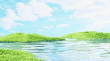 Outdoor grass and water surface products display background, 3d rendering. video