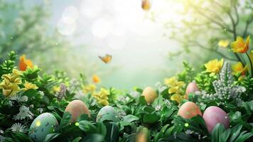påsk ägg målad i olika färger och belägen i en gräs fält med solljus i Lycklig påsk ägg video