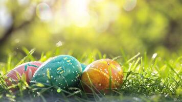 Pascua de Resurrección huevo pintado en varios colores y situado en un césped campo con luz de sol en contento Pascua de Resurrección huevo video