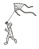 A Girl Running Fly a Kite Child Playing Cartoon Sport vector