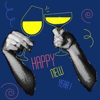 Vintage design of the New Year's banner of the 90s with the image of hands holding champagne glasses 2. A collage of dots. Retro party. illustration for a poster or greeting card. New Year vector