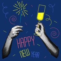 Vintage design of the New Year's banner of the 90s with the image of hands holding champagne glasses and sparklers. A collage of dots. Retro party. illustration for a poster or greeting card vector