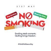 World No Tobacco Day. 31st May conceptual banner no smoking banner with a cigarette in half and banned signed. World no tobacco day banner, post with speech bubbles stop smoking, break the chain. vector