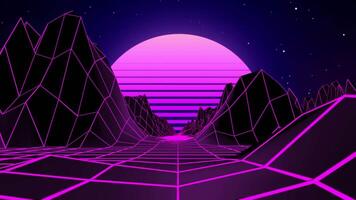 senza soluzione di continuità ciclo continuo animazione con in movimento attraverso un' rosa retrò paesaggio con raggiante viola sole e buio blu cielo nel il synthwave stile di il anni 80 e anni 90 , movimento grafica , loop , 4k , 60 fps video