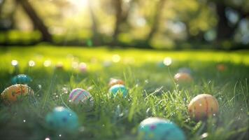 Pasqua uovo dipinto nel vario colori e collocato nel un' erba campo con luce del sole nel contento Pasqua uovo video