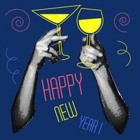 Vintage design of the New Year's banner of the 90s with the image of hands holding champagne glasses. A collage of dots. Retro party. illustration for a poster or greeting card. New Year vector