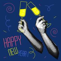 Vintage design of the New Year's banner of the 90s with the image of hands holding champagne glasses. Collage of dots. Retro party. illustration for a poster or greeting card. New Year vector