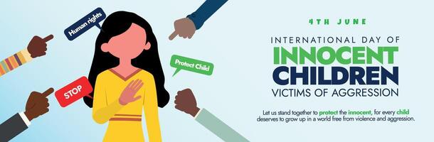 International day of innocent children victims of aggression. 4 June Child abuse awareness cover banner with girl child and people pointing finger on her. Protect children from physical, mental abuse vector