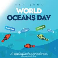 World oceans day. 8th June Stunning World Oceans Day social media post for creating awareness for ocean pollution with colourful fishes under the ocean. vector