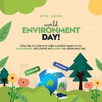 Environment Day. Happy Environment day social media post with Earth globe, green trees, flowers, birds, greenery. 5th June is environment safety awareness day. Protect Earth. vector