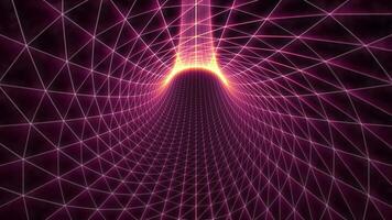 Abstract screensaver with flying through shiny purple tunnel made of bright hi-tech lines with hot fire glow effect on a dark background , motion graphics , 4k , 60 fps video