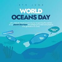 mundo océanos día. 8vo junio maravilloso mundo océanos día bandera diseño presentando un vibrante azul fondo, vistoso peces y inspirador texto. Perfecto para levantamiento conciencia acerca de Oceano conservación vector