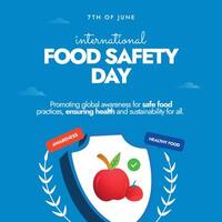 World Food safety Day. Food safety social media post with medical shield, fruits, vegetables, world map silhouette and Apple. 7th June healthy food day with blue background. Eat Healthy vector