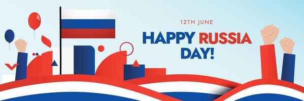 Happy Russia Day. Russian Independence day 12th June. Russia Day celebration social media cover or banner with modern curve elements, Russian flag, balloons, hand wrist in blue and red colours. vector