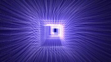 Flying through abstract square tunnel made of smoothly moving purple blue particle waves with white shine effect on a dark background , motion graphics , 4k , 60 fps video